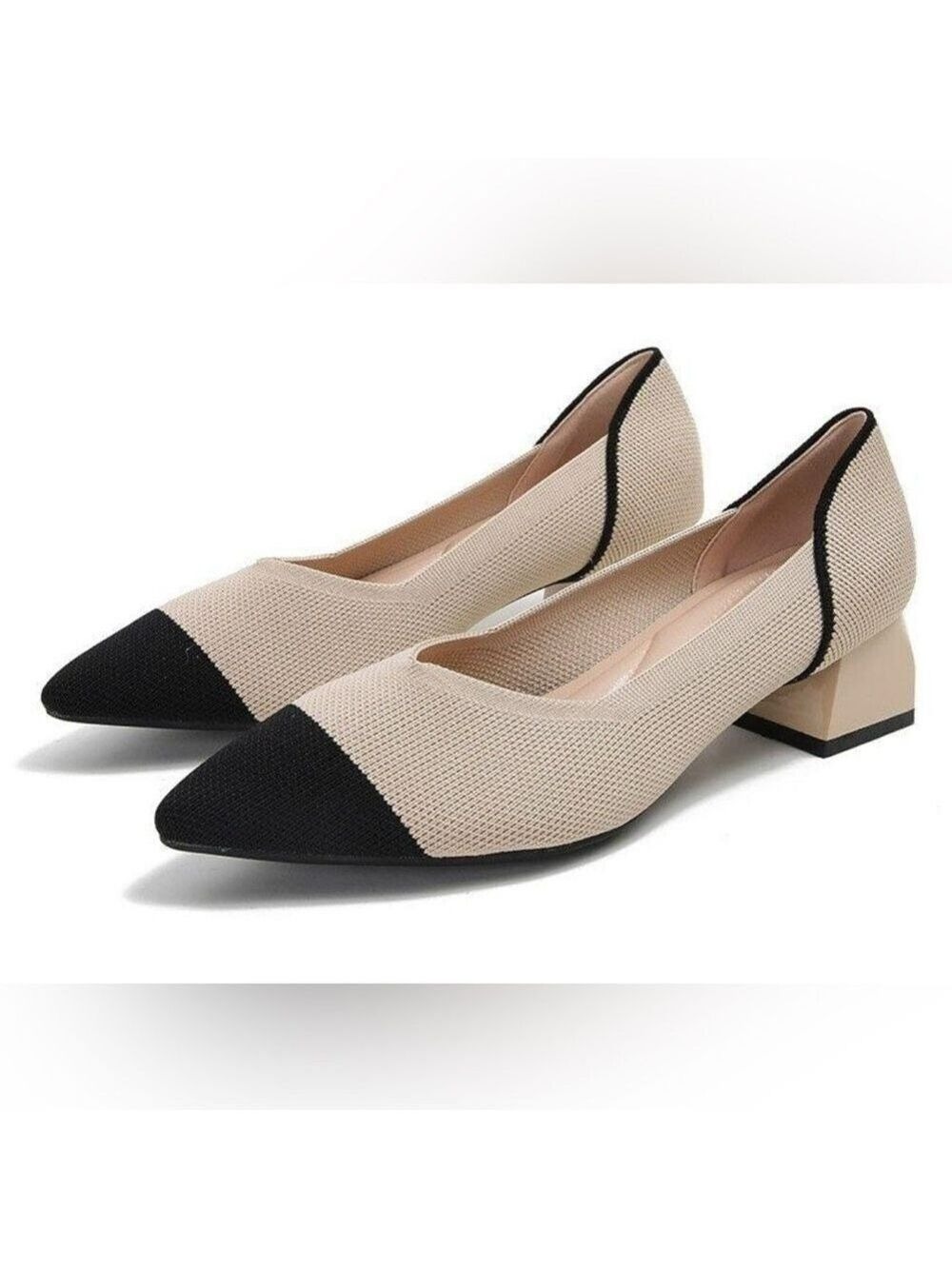 Elegant Beige and Black Knitted Pointed Toe Shoes - Size 255 (8.5)